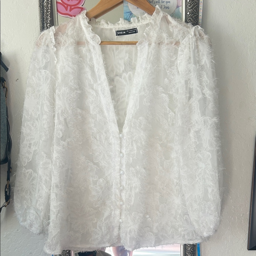 SHEIN White Sheer Lace Blouse